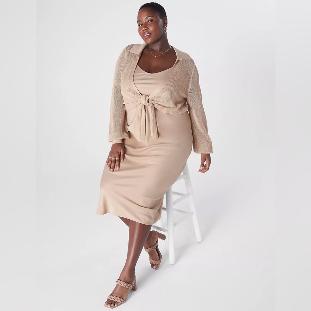 Lane Bryant Women's 2-Piece Beige Dress & Mesh Cardigan Set Size 20